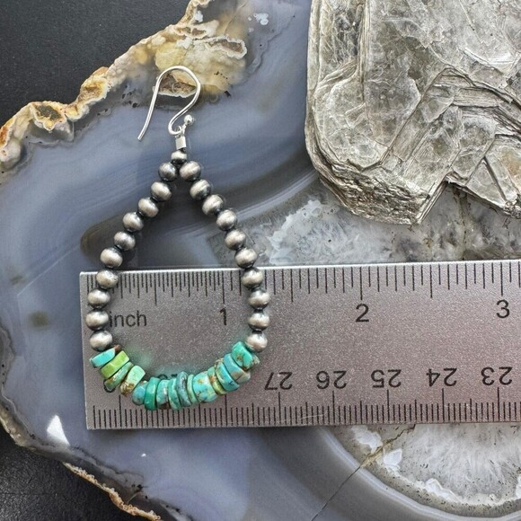 Sterling 4mm Navajo Pearl Southwester Style & 6mm Turquoise Bead Hoop Earrings - Picture 10 of 10